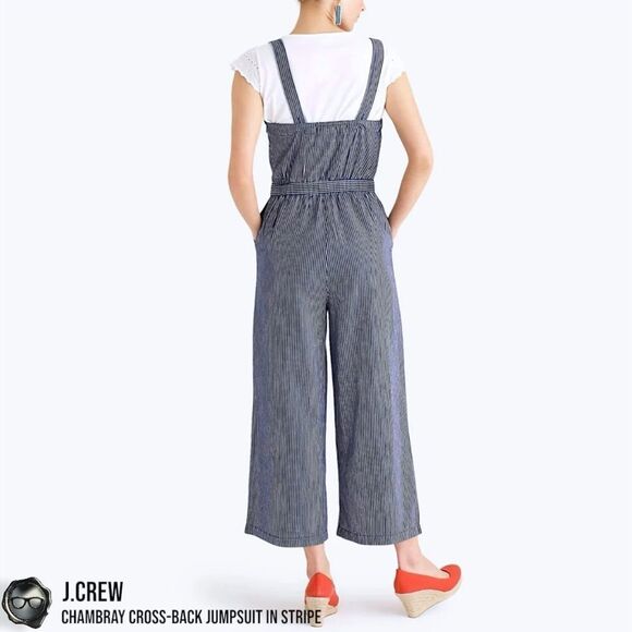 J.CREW CHAMBRAY CROSS-BACK OVERALL JUMPSUIT IN INDIGO RAILROAD STRIPE WIDE LEG - Picture 3 of 12